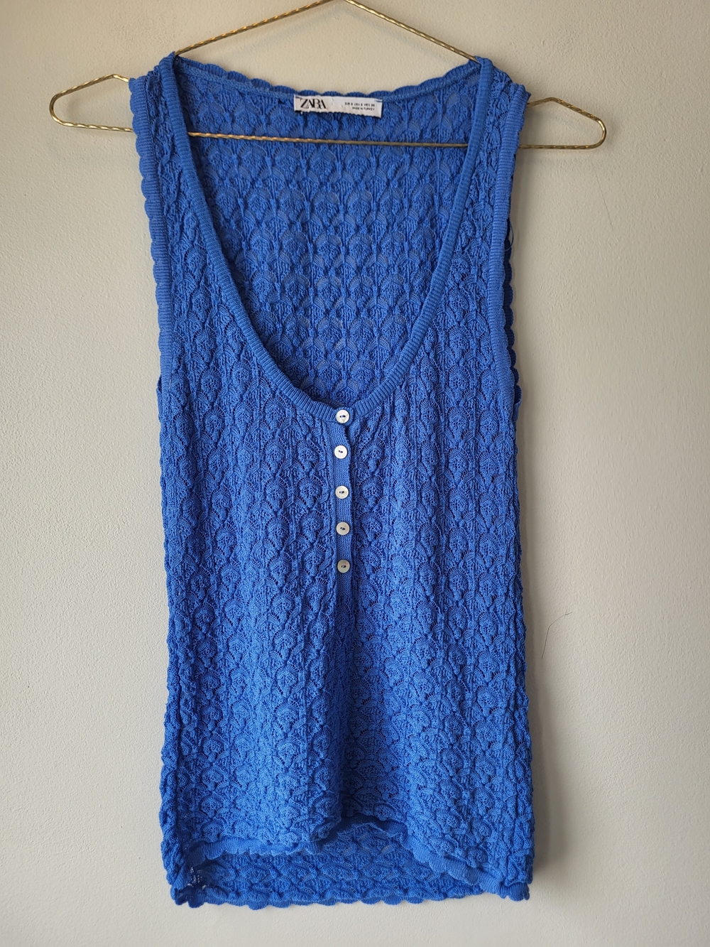 ZARA Beachy Layering Cobalt Blue Crochet Stretchy Tank with Button Placket